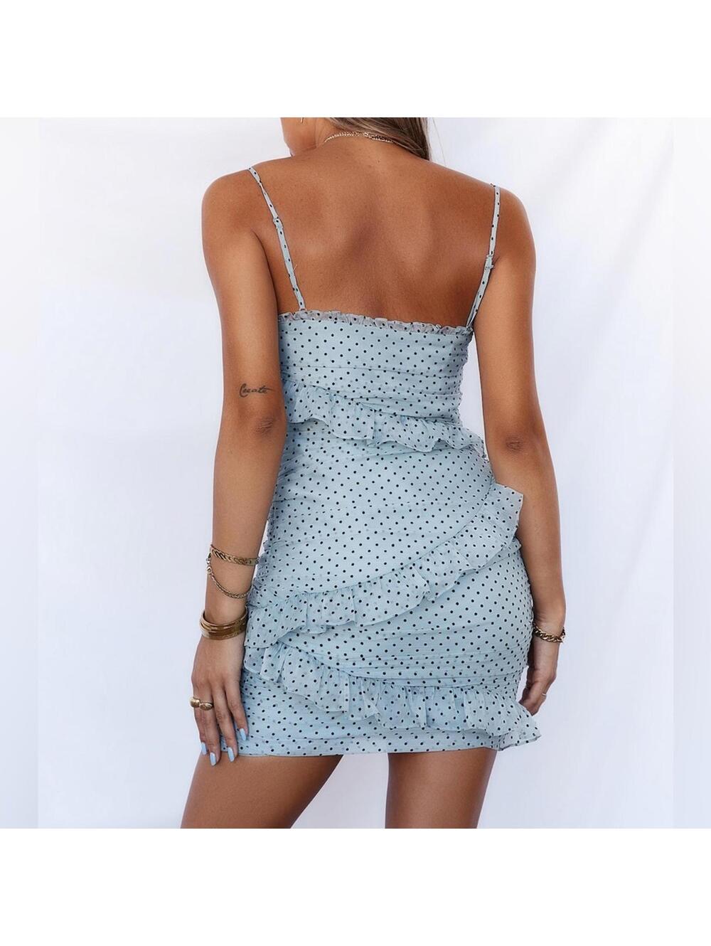NWT Hello Molly Mimosa Time Blue and Black Polka Dot Ruffle Mini Dress- Size 4 - Picture 5 of 8